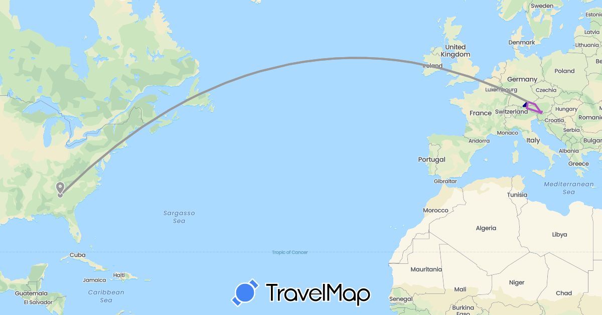 TravelMap itinerary: driving, plane, train in Austria, Germany, United States (Europe, North America)